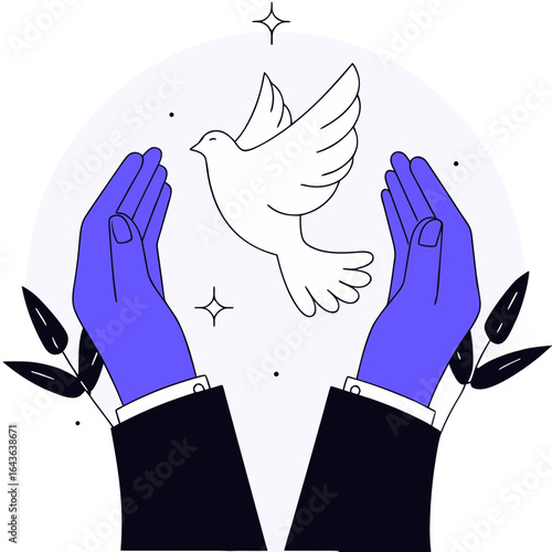 Open hands releasing a white dove symbolizing freedom hope and peace against a light purple background with subtle sparkles