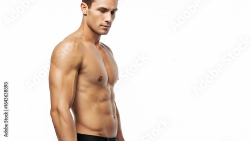 A handsome and confident man with a lean and muscular body shows off his toned six-pack abs and strong chest against a clean white studio background