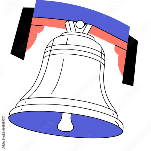 Stylized abstract illustration of a bell with a blue base and coral and blue stripes on its upper section