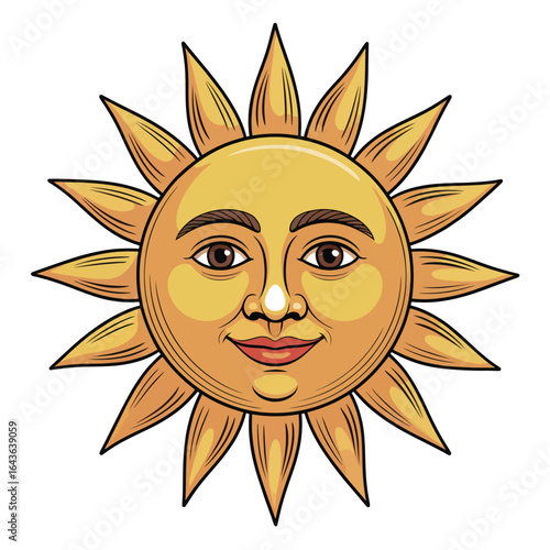 Stylized sun with a human face in a vintage engraving style. Isolated solar vector graphic element for design.