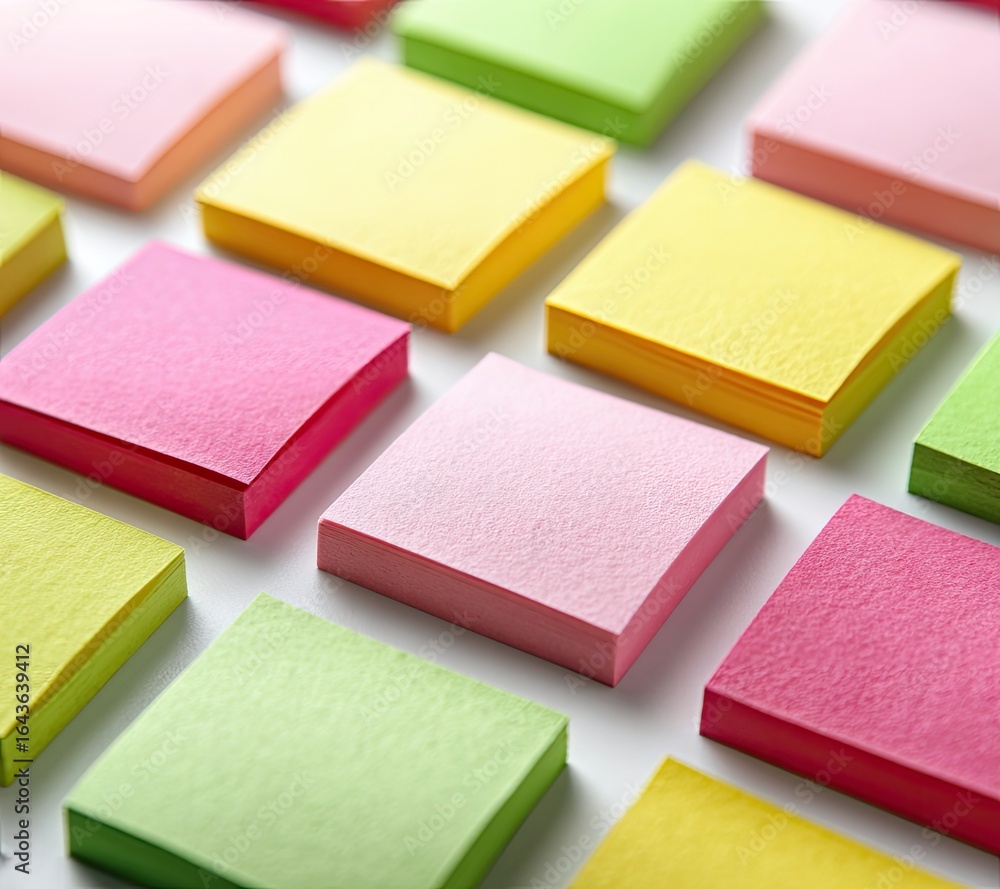 Fototapeta premium Colorful square sticky notes arranged in a grid pattern on a white background, showcasing various pastel shades