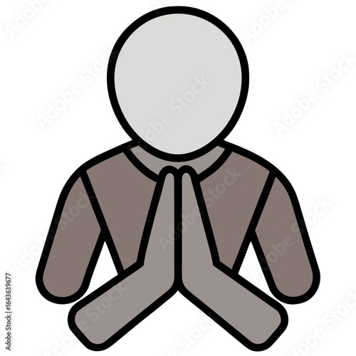 Stylized person with hands pressed together in a gesture of prayer or greeting on a black background