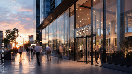 Modern bank building with a bustling street at sunset