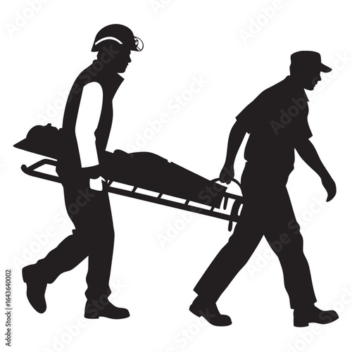 Two rescuers in silhouette carrying an injured person on a stretcher during an emergency rescue operation
