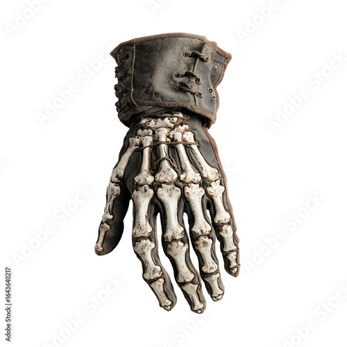 Wallpaper Mural A leather gauntlet reveals a skeletal hand, a blend of protection and mortality, set against a stark backdrop. Torontodigital.ca