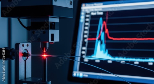 Fiber Bragggrating inscription process monitored via a connected computer screen displaying spectral response data during laser writing.