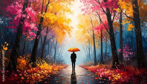 Autumn Rain Walk with Umbrella.