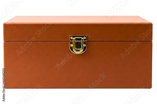 Brown leather storage box with a shiny gold metal latch isolated on a transparent background