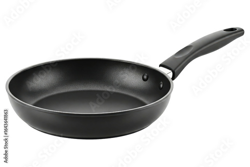 Black nonstick frying pan with an ergonomic plastic handle isolated on a transparent background