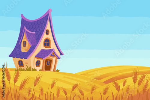 Whimsical house in golden wheat field, summer countryside landscape with clear blue sky, rural fantasy scene