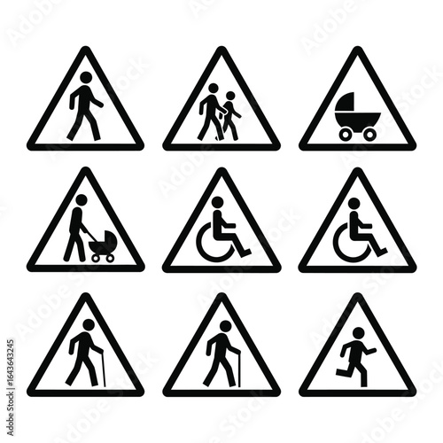 Warning Signs Pedestrians, Children, and Accessibility Icons for Safety 