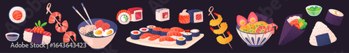 Japanese sushi and roll set, noodles and soup. Asian food of Japan. Maki, uramaki rolls, nigiri, temaki appetizers. Asian dish, traditional dishes with rice, salmon, tuna, shrimp sauce and wasabi.