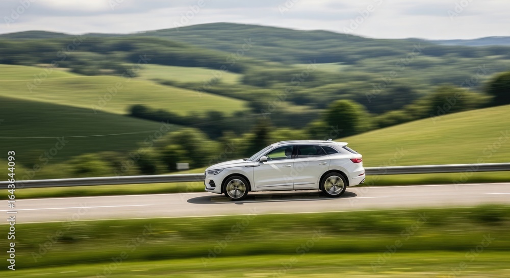 Fototapeta premium White SUV driving on a scenic road through rolling green hills