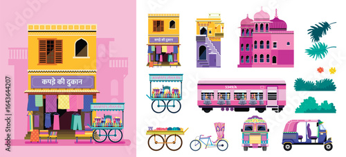 Indian City Life and Cultural Heritage Flat Icons with Illustration