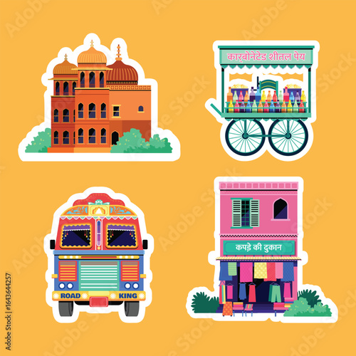 Hand-Drawn Flat Design for Indian Travel and Tourism Sticker Collection