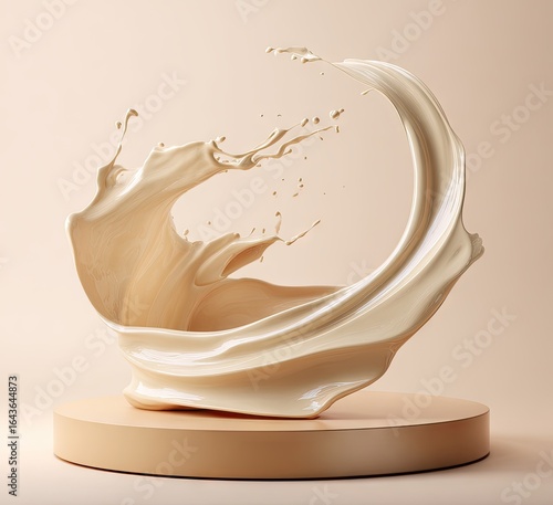 Creamy beige liquid swirls in a dynamic, circular splash atop a pale, round platform against a muted beige backdrop
