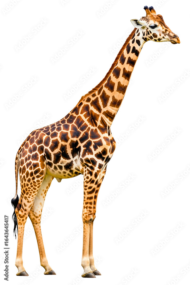 Obraz premium Tall standing giraffe with a classic brown spotted coat isolated on a transparent background