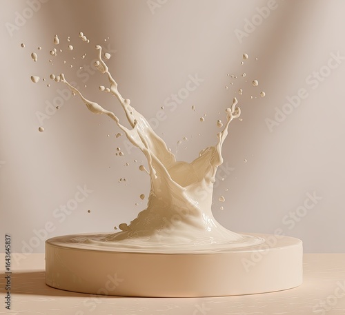 Creamy liquid splashing onto a pale circular platform, creating an elegant, upward-reaching crown of droplets against a neutral backdrop