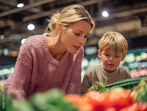 Fototapeta Naklejka Na Ścianę i Meble -  Mother and child choosing fresh fruits at a grocery store