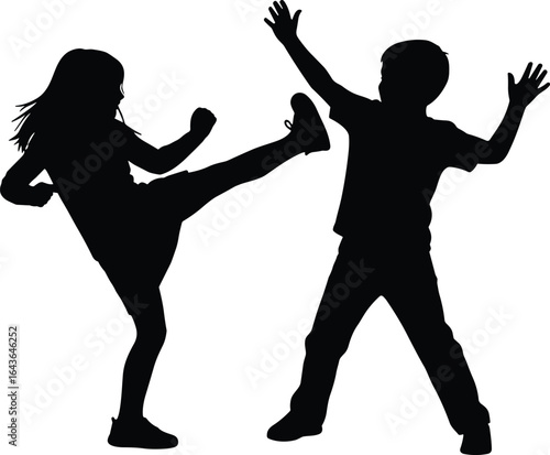 Silhouette of kids playing karate, martial arts training, active children fight pose, self defense practice, sports activity, energetic movement, black vector illustrationv
