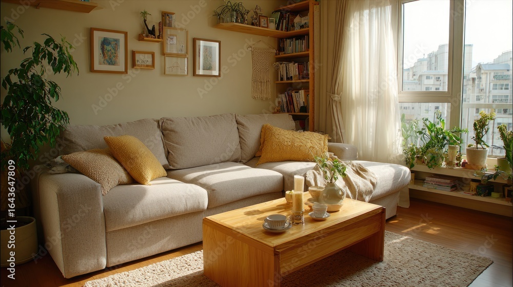Naklejka premium living room with minimalistic furniture and framed photos, plants, and handmade crafts