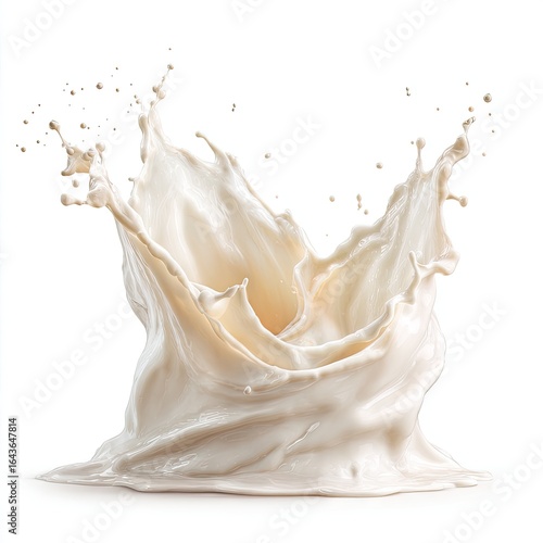 Creamy, off-white liquid explodes in a dynamic splash against a stark white background, creating a visually striking crown-like form with intricate details in the texture and movement of the liquid