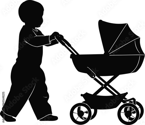 Child silhouette, baby stroller vector, parenting concept, toddler walking, family theme illustration, black and white design, childhood moment, pram icon
