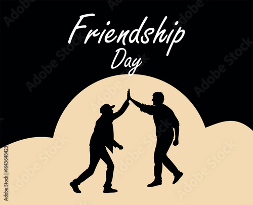  Minimal Friendship Day illustration featuring a black silhouette of two friends high-fiving on a beige and black background, symbolizing joy, trust, and strong bonds for greeting cards or posters.