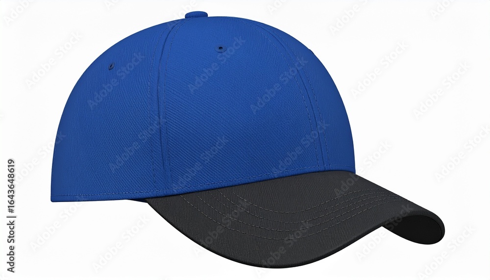Fototapeta premium Blank royal blue and black two-tone baseball cap with a classic design, isolated on a white background. Perfect for mockup or template.