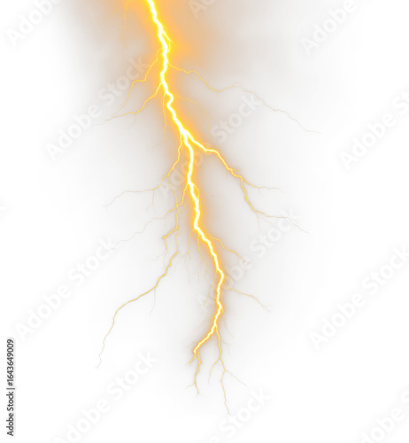 Bright yellow lightning bolt with glowing electric branches isolated on transparent background in PNG perfect for weather visuals power and energy concepts