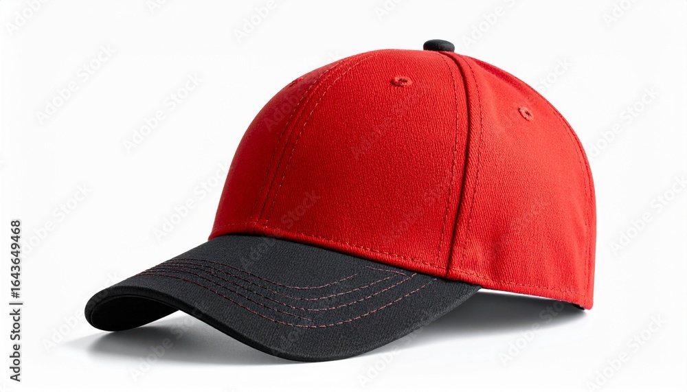 Fototapeta premium Classic red and black two-tone baseball cap with a dark visor, isolated on a clean white studio background. Modern sporty headwear accessory.