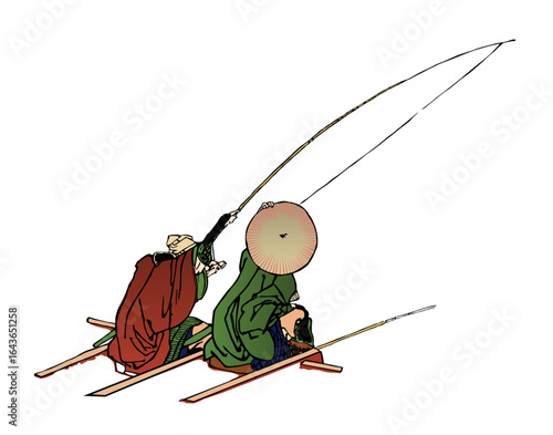 浮世絵　釣りをしている二人の後ろ姿