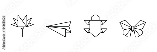 Origami icons, paper art, flying plane, floral design, insect shapes, creative folds, abstract butterfly, modern outline, minimal style vector illustration.