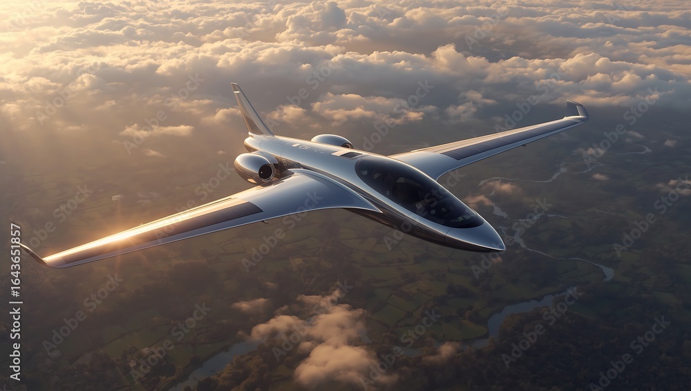 Fototapeta premium A sleek silver jet airplane flying high above the clouds during a golden sunset with a clear sky view