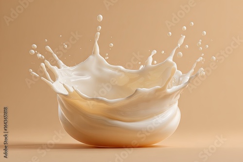 Creamy white liquid forms a crown-shaped splash against a beige backdrop; droplets suspended in the air