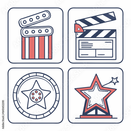 Collection of stylized movie industry icons including a clapboard film reel and star award trophy
