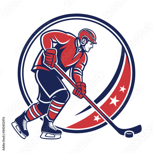 Dynamic hockey player in red and blue uniform skating with stick and puck inside a circular emblem