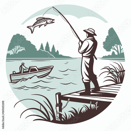 Fisherman standing on a wooden pier proudly displays his catch of the day while another person fishes from a boat