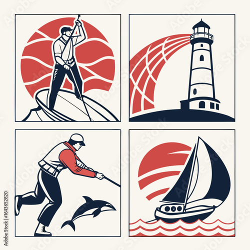 Four vintage style nautical illustrations featuring stand up paddleboarding lighthouse dolphin fishing and sailboat