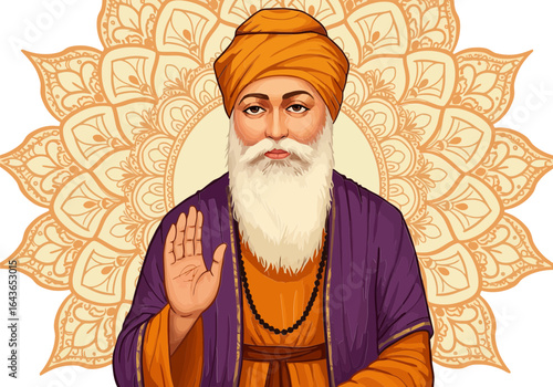 Guru Nanak cartoon-style illustration with blessing gesture, ornate orange mandala, and bright traditional colors on a cream background.