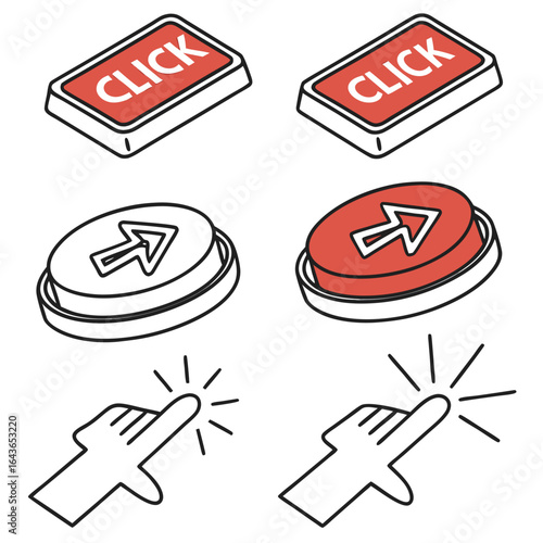Set of isometric icons representing clicking a button an arrow button and a finger pointing to activate an action