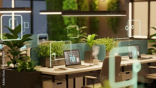 Modern office workspace with green plants, laptops, and digital interfaces showcasing productivity