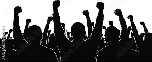 Silhouette of a crowd raising their fists in protest, symbolizing unity, strength, and determination for freedom, justice, and equality