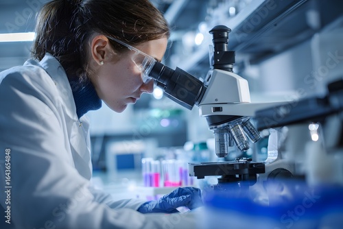 Female scientist working with microscope in modern laboratory research facility