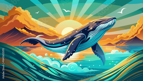 A magnificent humpback whale joyfully breaches the sparkling turquoise waters, sending shimmering droplets into the golden sunlight, as the endless ocean horizon frames New Zealand’s breathtaking coas
