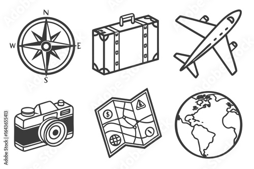 Travel Icons Compass Suitcase Airplane Camera Map Globe.