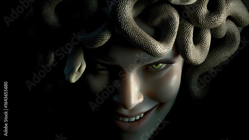 3D Medusa with Green Eyes and Sinister Smile on Dark Background