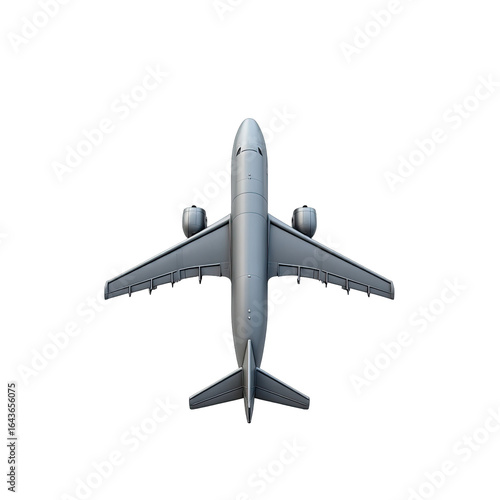 Overhead view of a metallic airplane on a black background.