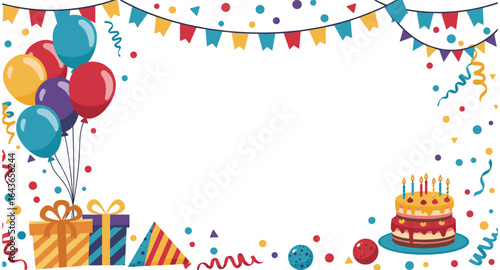 Colorful birthday celebration frame with balloons, cake, and gifts
