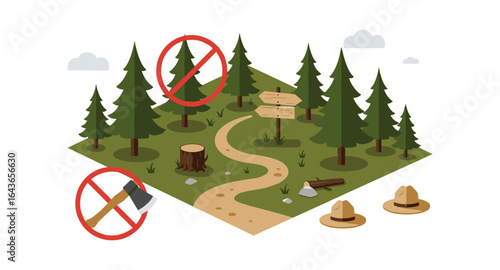 Forest conservation zone with no logging signs and ranger hats on pathway